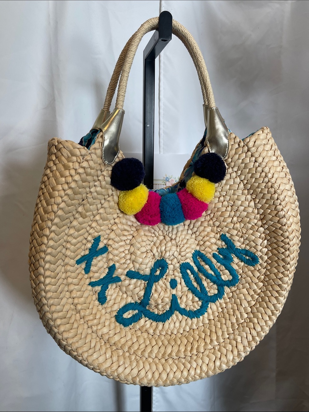 Lilly Pulitzer Natural Straw Tote with Teal Script and Multicolor Pom-Poms
